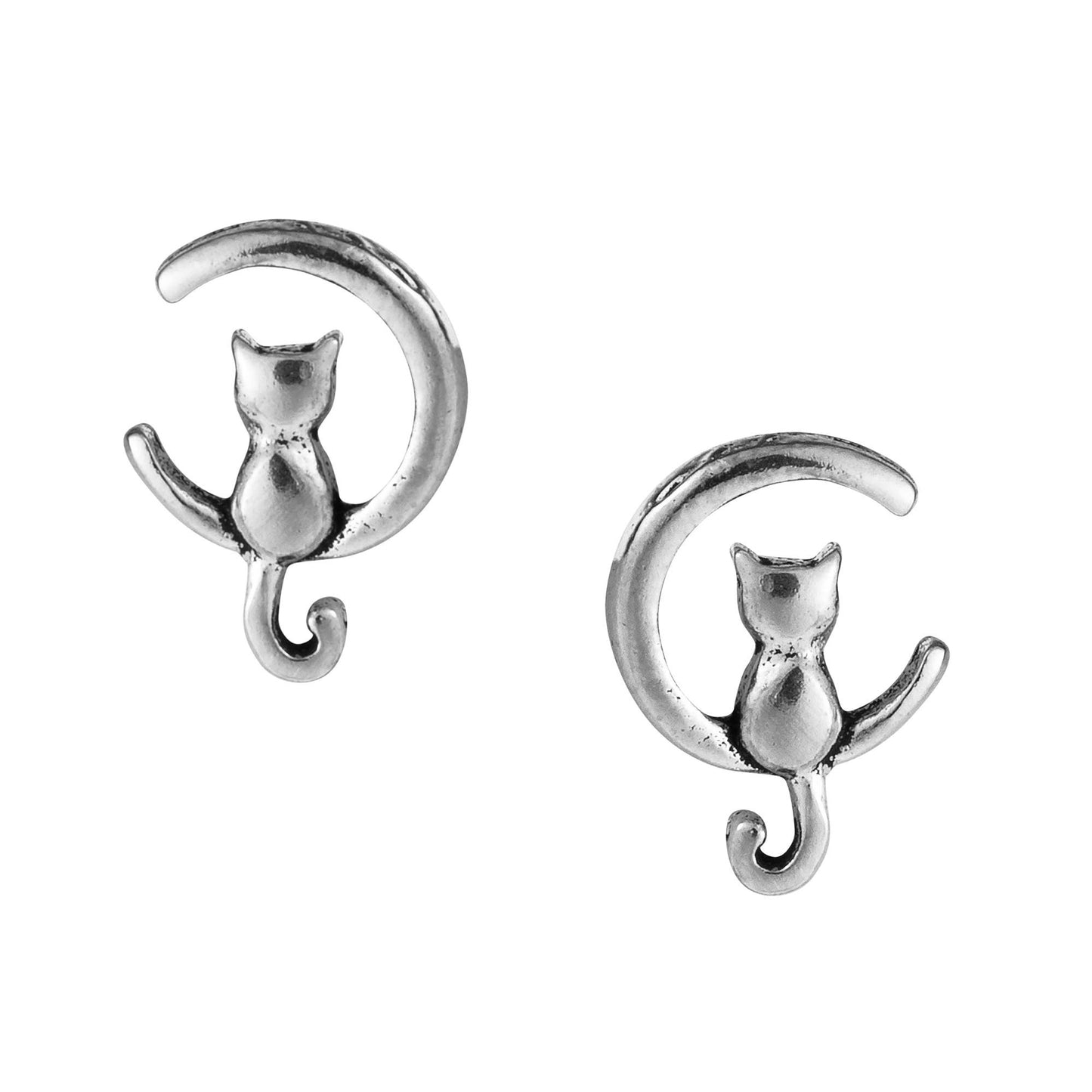925 Sterling Silver Cat in Moon Studs