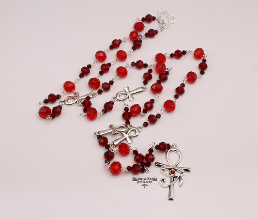 Long Ankh Rosary Necklace with Eye of Horus Charm
