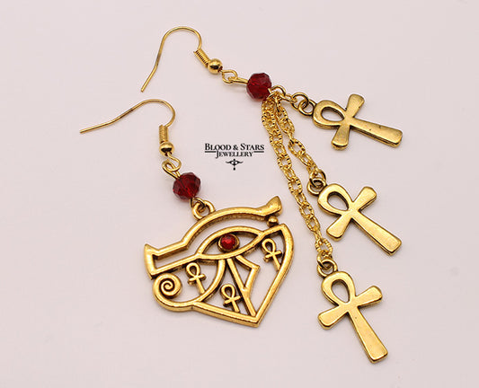 Gold Eye Of Horus Ankh Mismatched Earrings