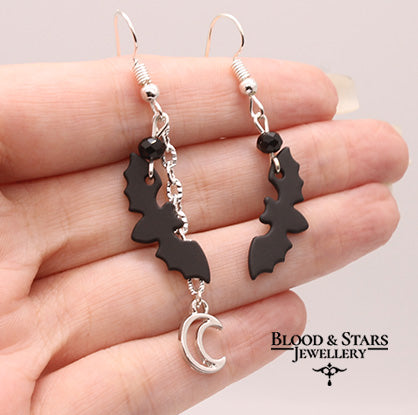 Asymmetric Bat And Moon Earrings
