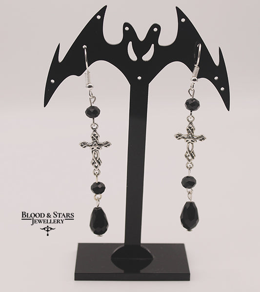 Gothic Cross Teardrop Black Red Earrings
