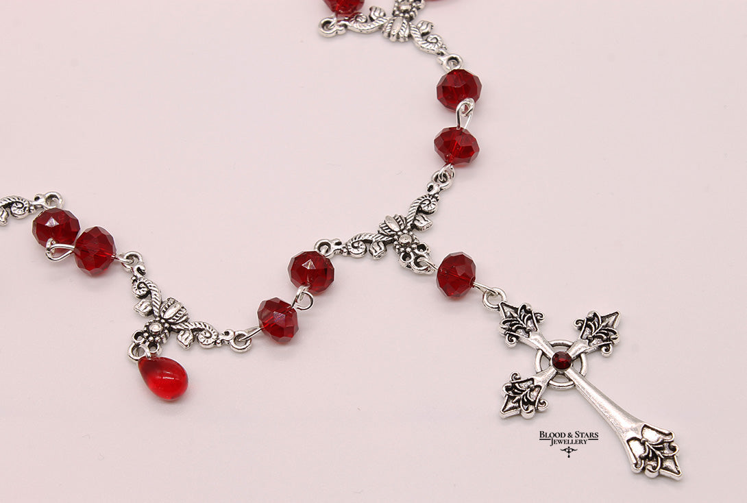 Ornate Cross Red Gothic Necklace