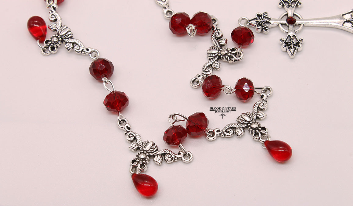 Ornate Cross Red Gothic Necklace
