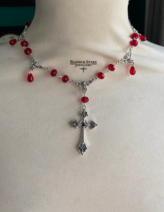 Ornate Cross Red Gothic Necklace