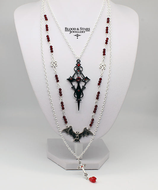 Gothic Black Cross Layered Vampire Bat Necklace