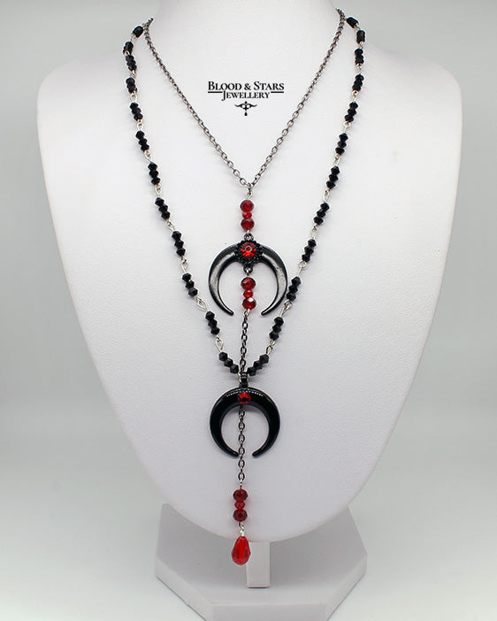 Crescent Black Silver Moon Layered Necklace