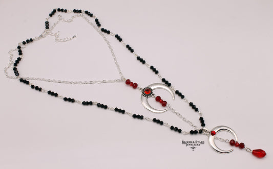 Crescent Black Silver Moon Layered Necklace