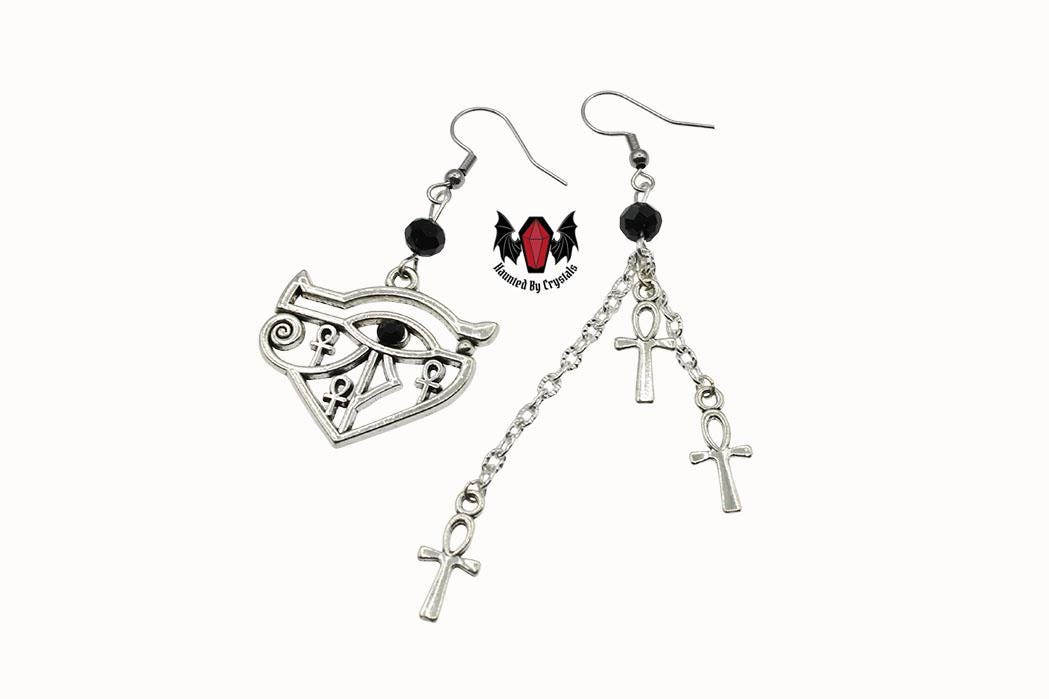 Gothic Eye Of Horus Ankh Mismatched Earrings
