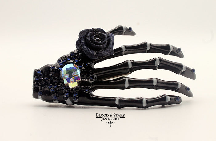 Black Skeleton Hand Crystal Skull Hair Clip