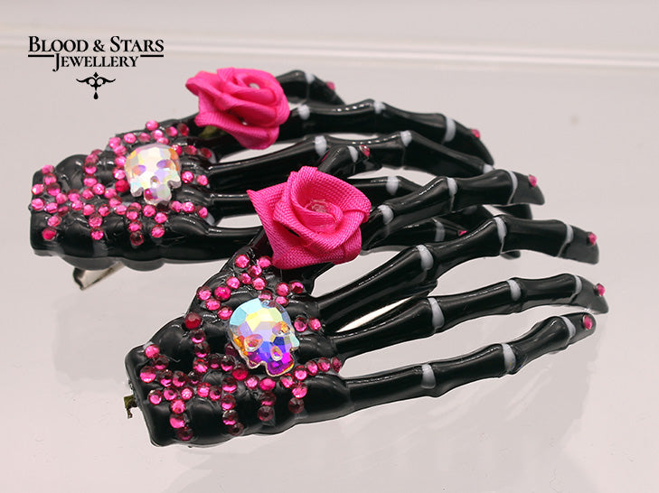Black Skeleton Hand Crystal Skull Hair Clip