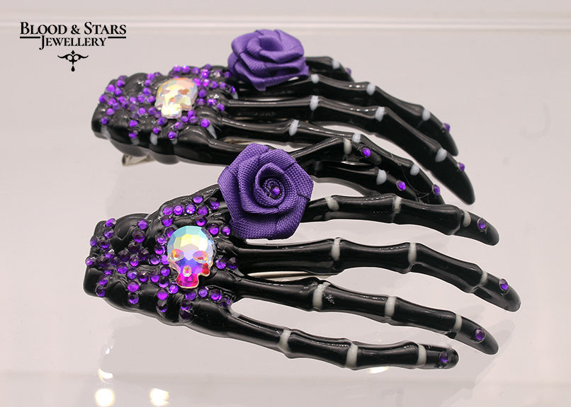 Black Skeleton Hand Crystal Skull Hair Clip