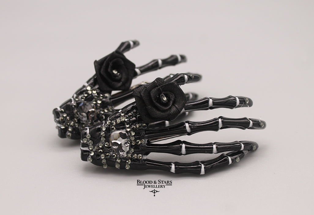 Black Skeleton Hand Crystal Skull Hair Clip
