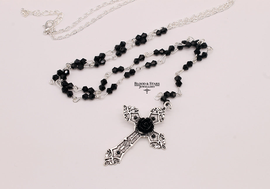 Long Rosary Necklace With Small Cross