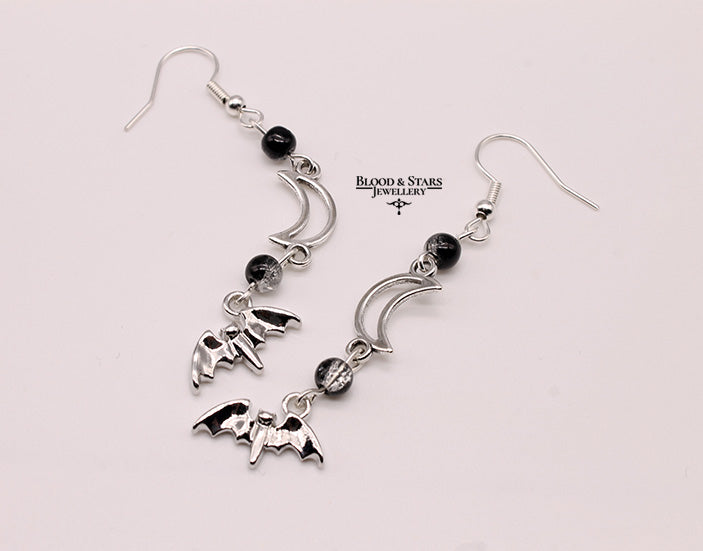 Sparkly Bat Crescent Moon Earrings