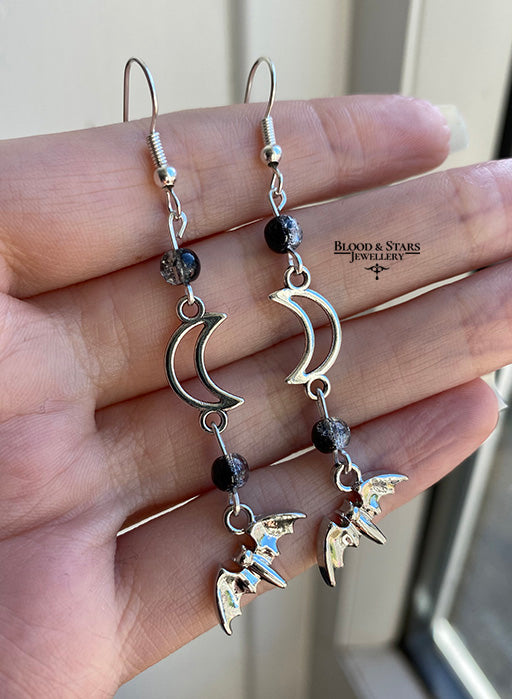 Sparkly Bat Crescent Moon Earrings