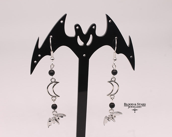 Sparkly Bat Crescent Moon Earrings