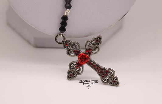 Gunmental Cross Rose Rosary Necklace