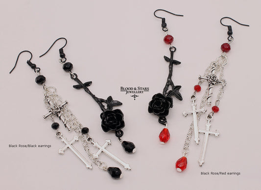 Rose Cross Mismatched Long Beaded Earrings