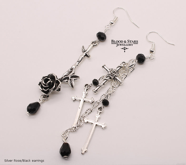 Rose Cross Mismatched Long Beaded Earrings