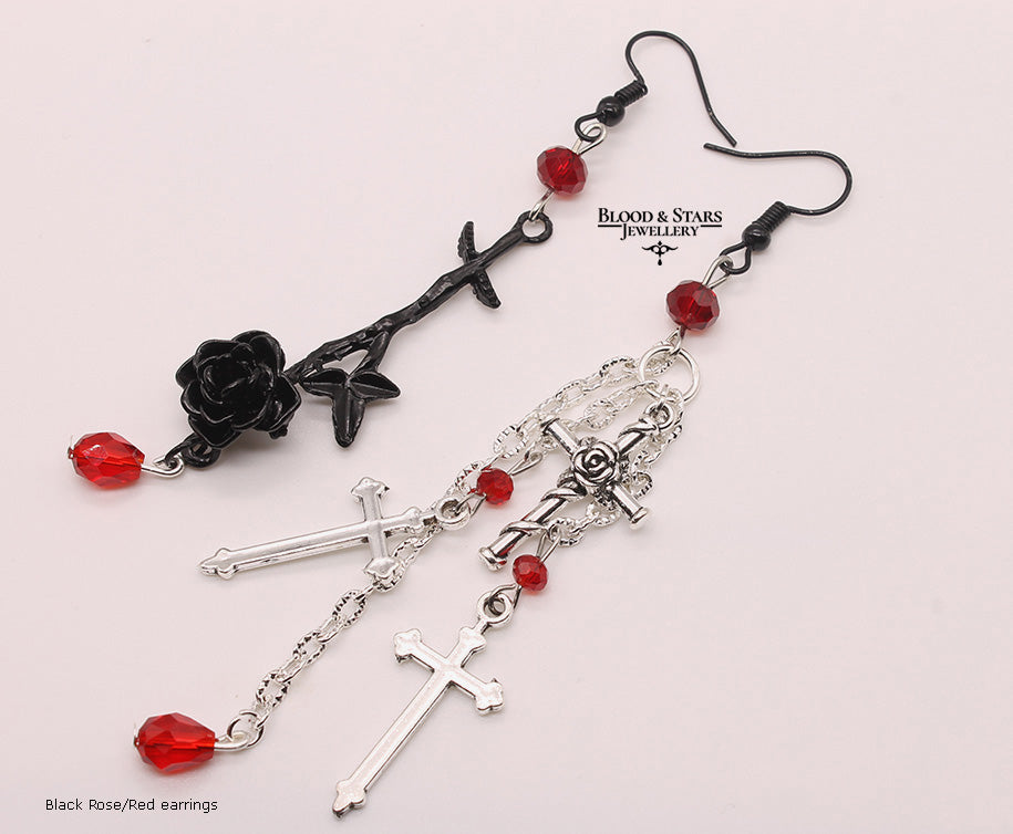 Rose Cross Mismatched Long Beaded Earrings