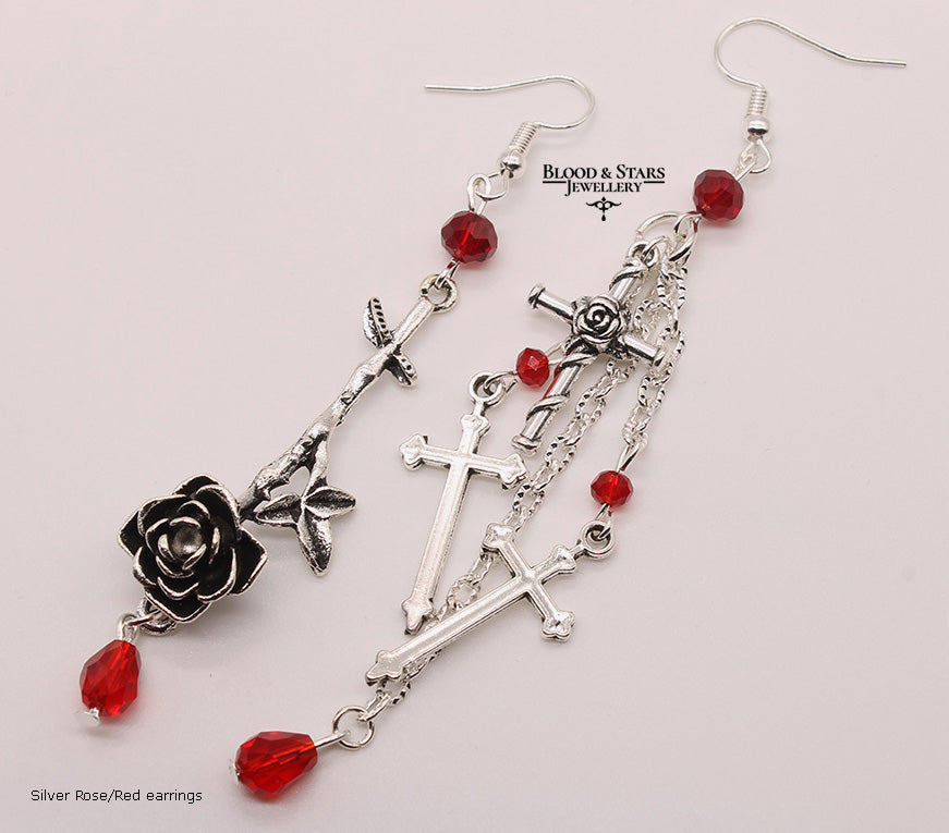 Rose Cross Mismatched Long Beaded Earrings