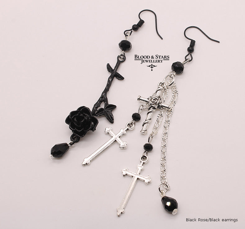 Rose Cross Mismatched Long Beaded Earrings
