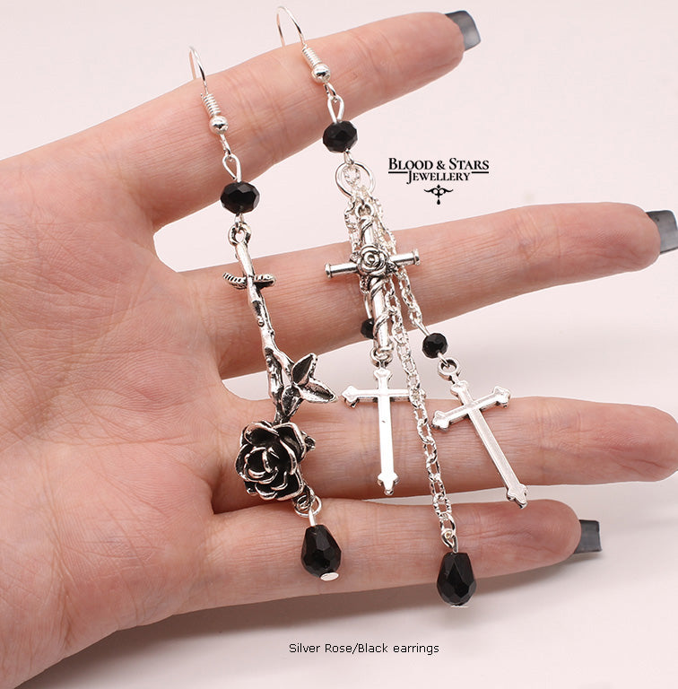 Rose Cross Mismatched Long Beaded Earrings
