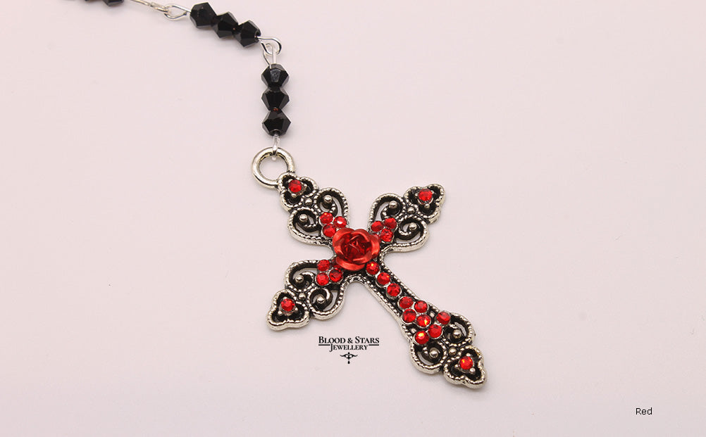 Silver Cross Rose Rosary Necklace
