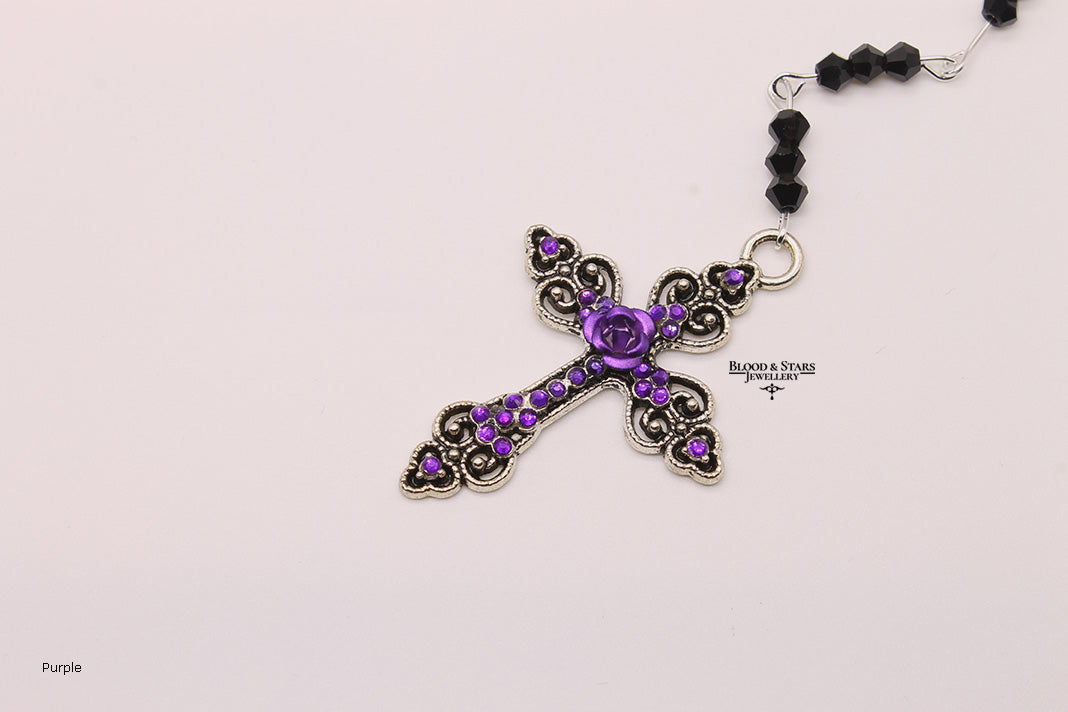 Silver Cross Rose Rosary Necklace