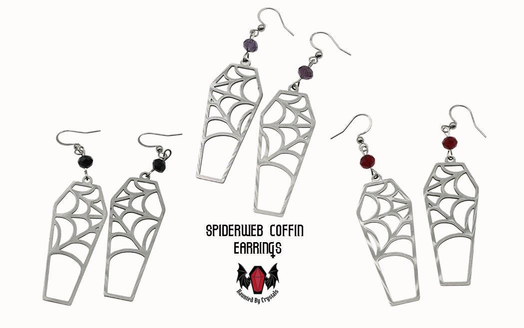 Gothic Coffin Spiderweb Earrings