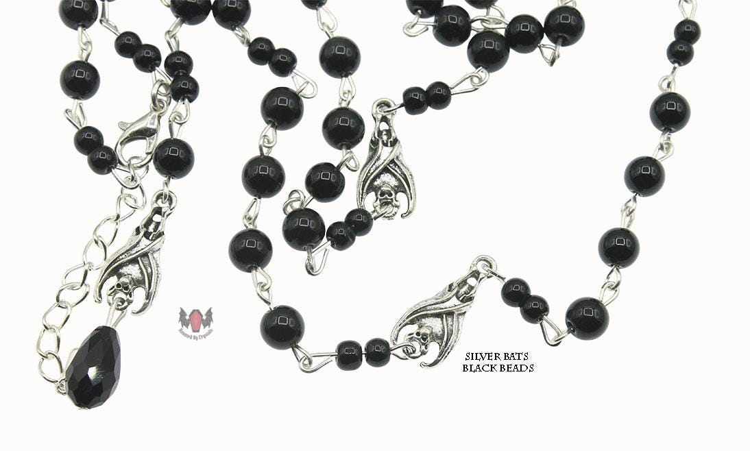 Gothic Vampire Hanging Bat Beaded Rosary Necklace