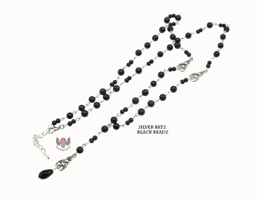 Gothic Vampire Hanging Bat Beaded Rosary Necklace
