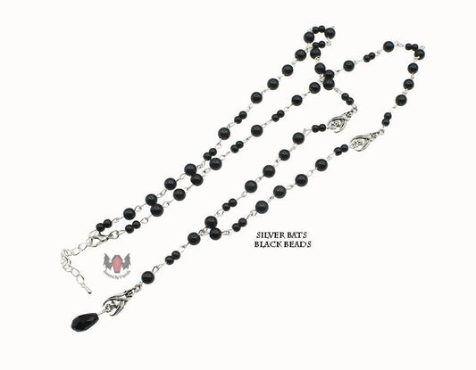 Gothic Vampire Hanging Bat Beaded Rosary Necklace