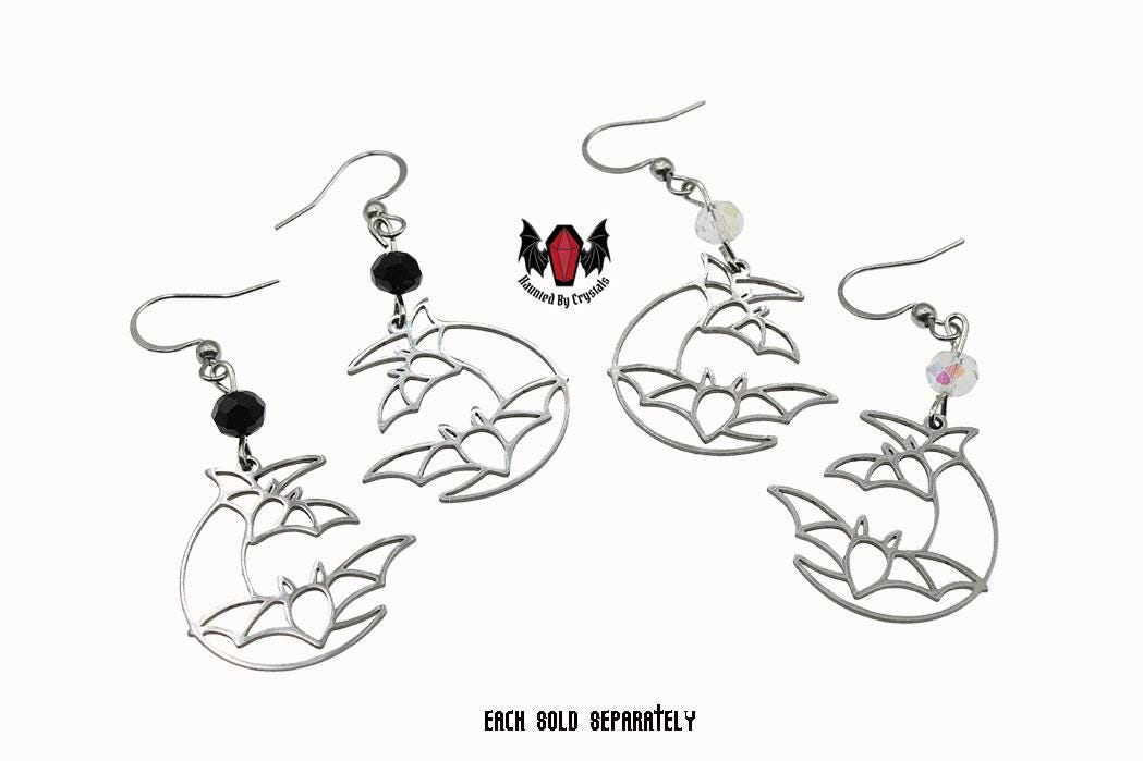 Gothic Crescent Moon Bat Earrings