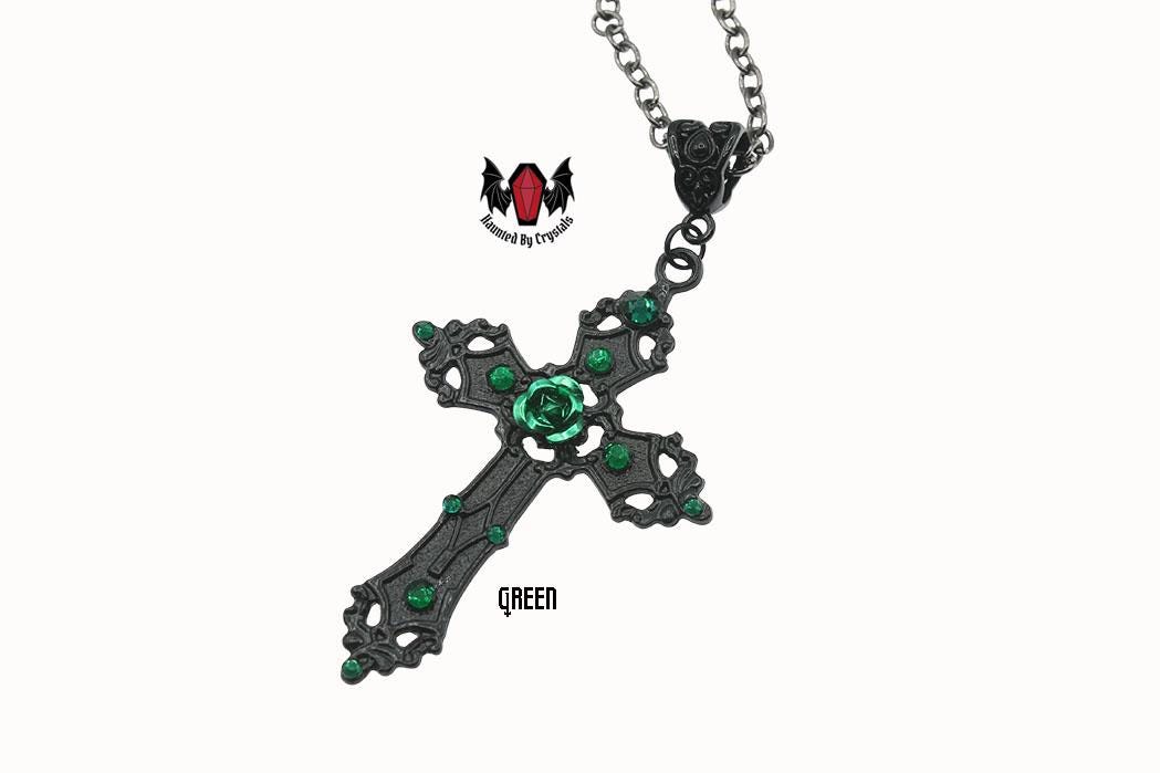 Gothic Rose Black Cross Crystal Necklace