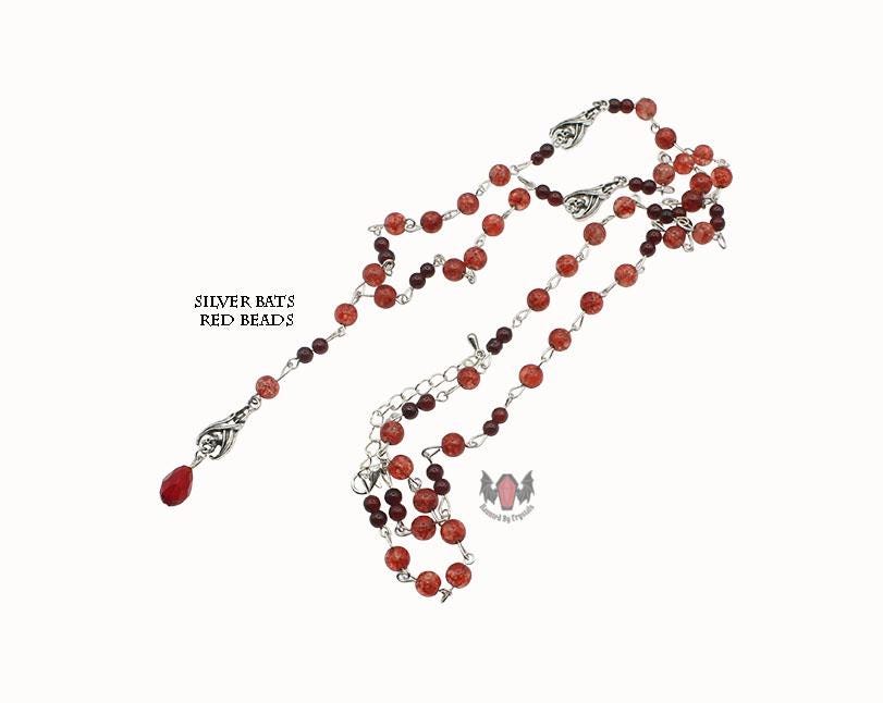 Gothic Vampire Hanging Bat Beaded Rosary Necklace