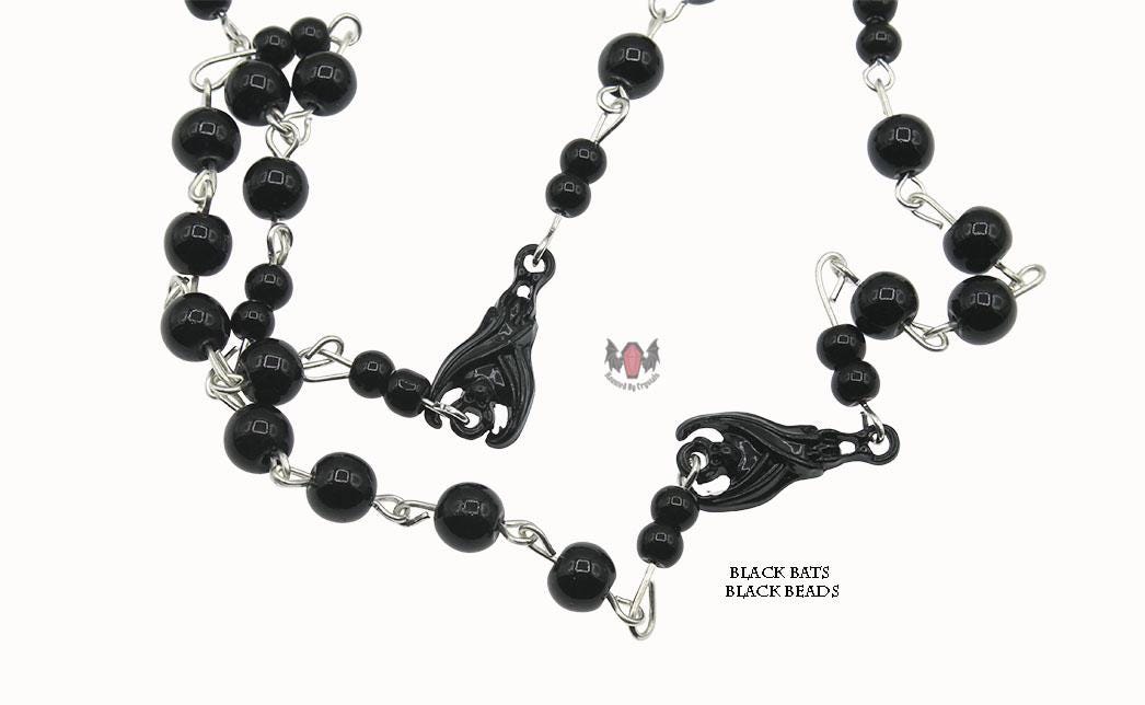 Gothic Vampire Hanging Bat Beaded Rosary Necklace