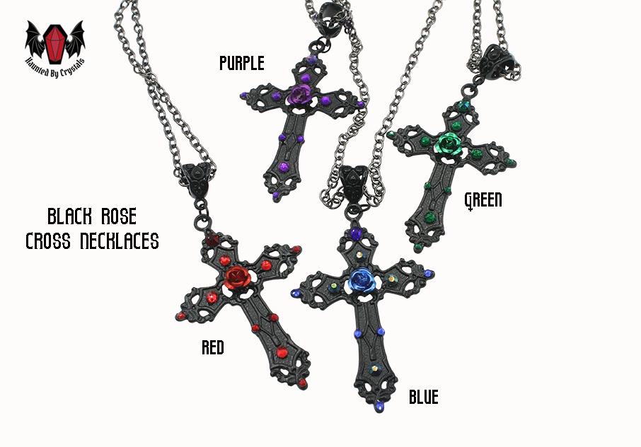 Gothic Rose Black Cross Crystal Necklace