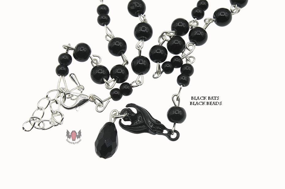 Gothic Vampire Hanging Bat Beaded Rosary Necklace