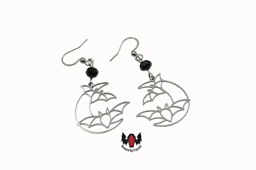 Gothic Crescent Moon Bat Earrings
