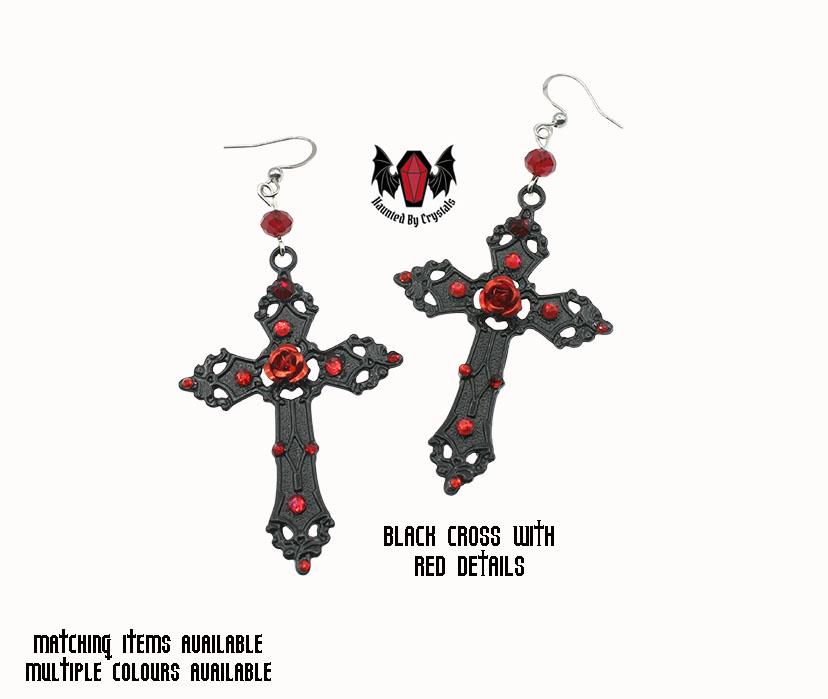 Gothic Black Rose Cross Earrings