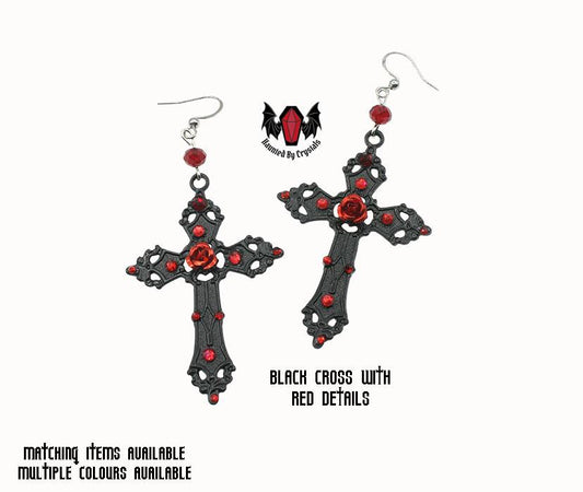 Gothic Black Rose Cross Earrings