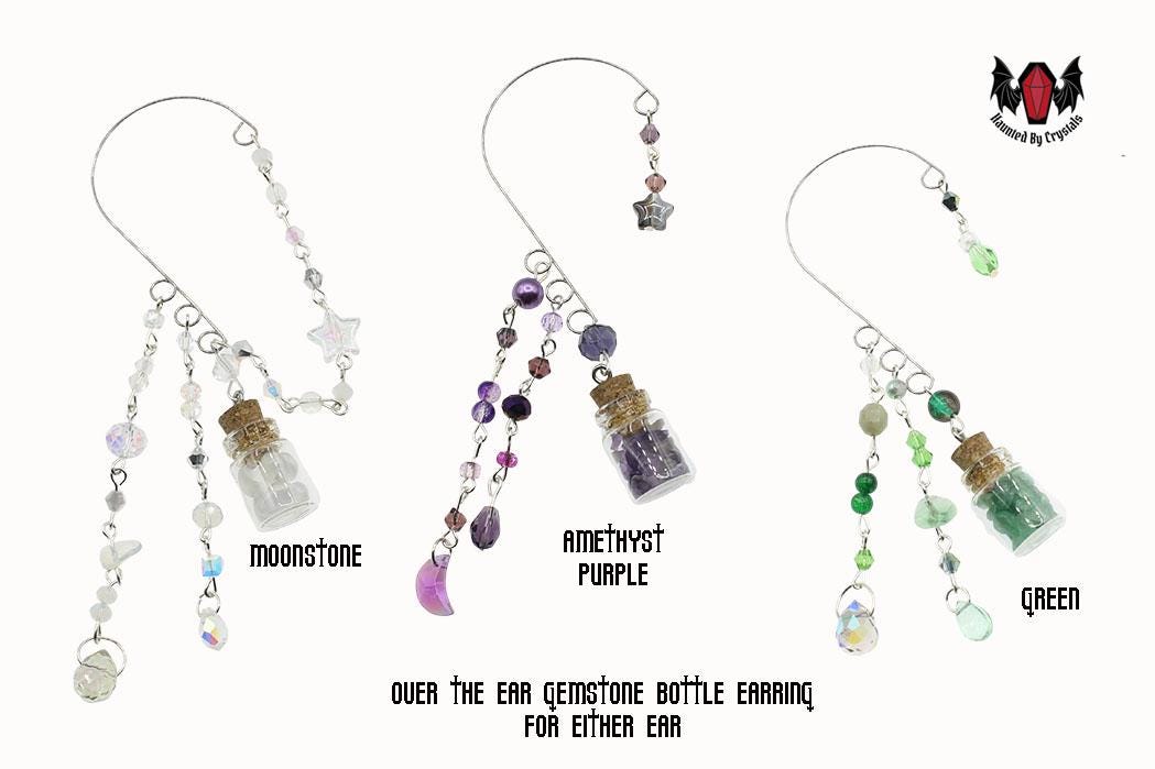 Gothic Over Ear Gem Bottle Mini Earring (Moonstone, Green, Pink, Purple)