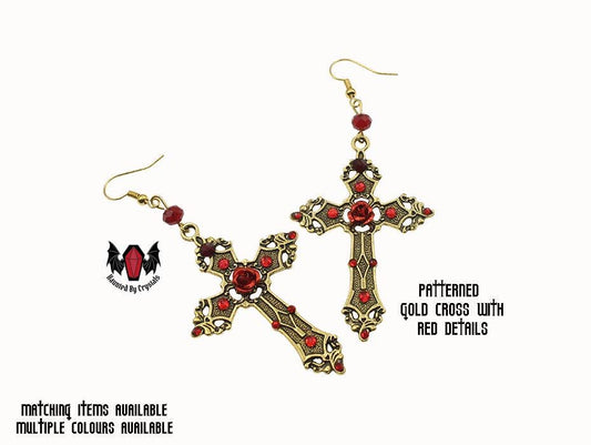 Gothic Gold Rose Cross Earrings