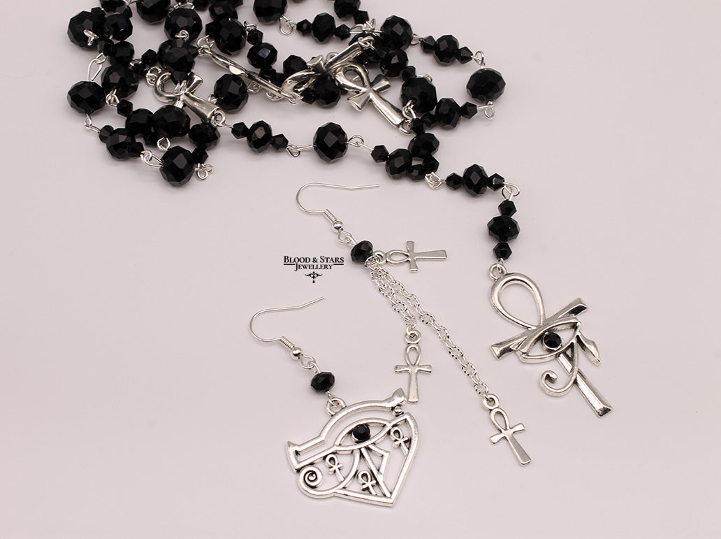 Long Ankh Rosary Necklace with Eye of Horus Charm