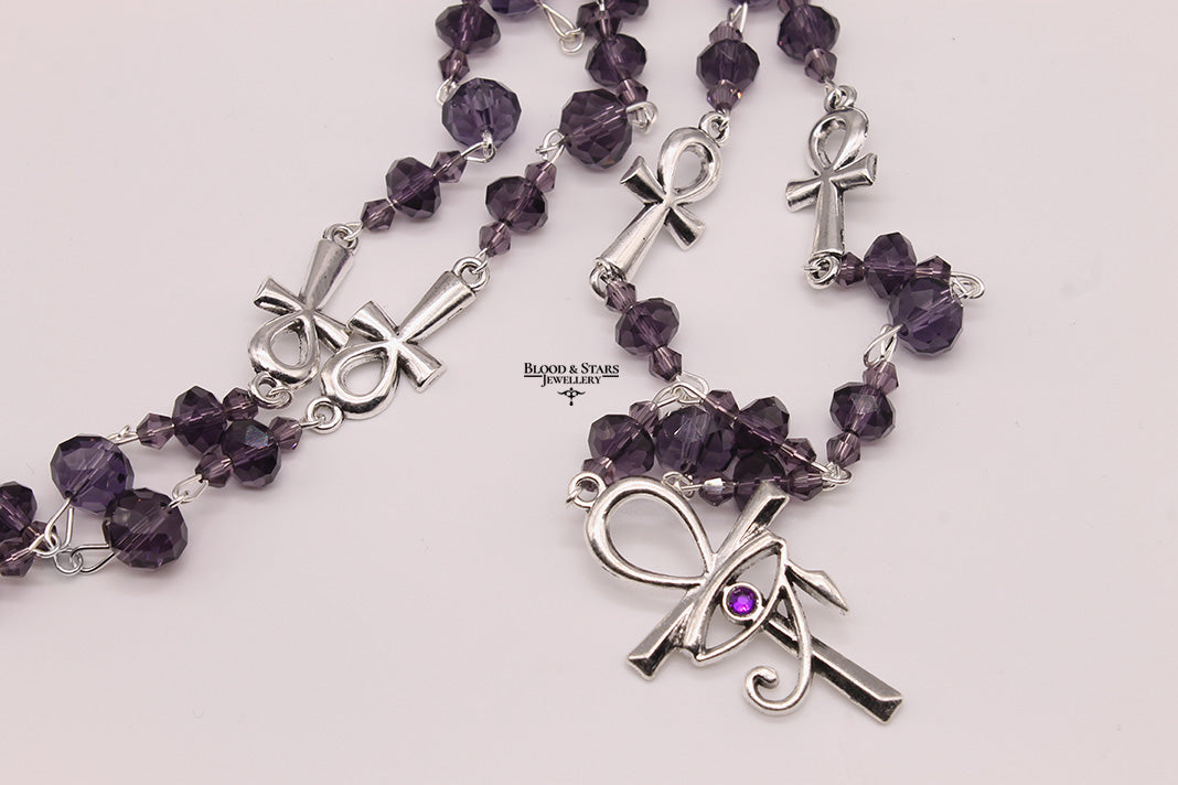 Long Ankh Rosary Necklace with Eye of Horus Charm