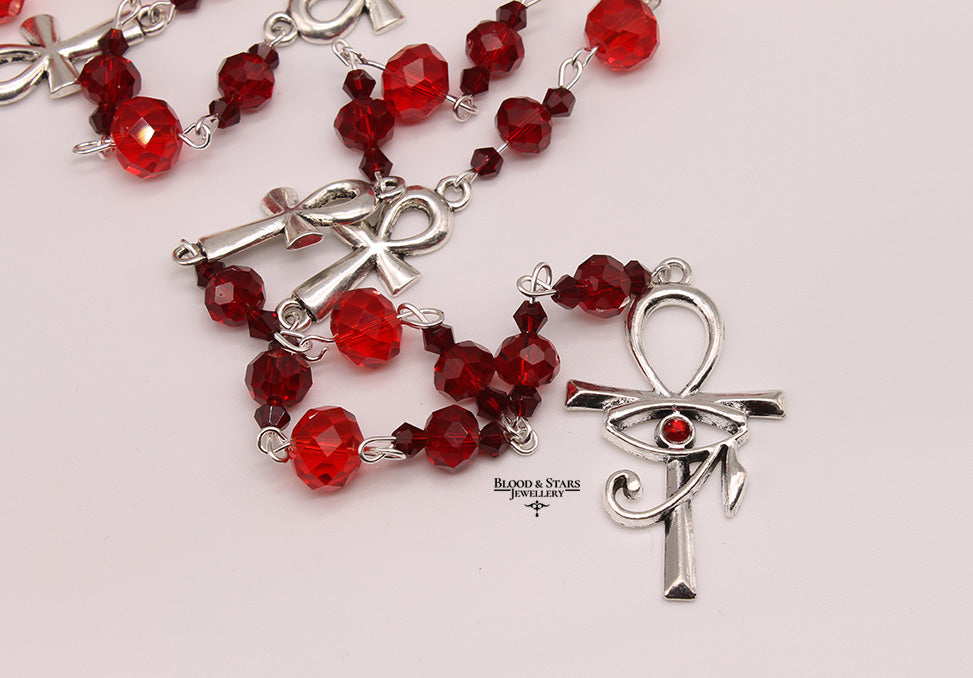 Long Ankh Rosary Necklace with Eye of Horus Charm