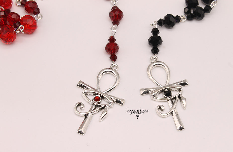 Long Ankh Rosary Necklace with Eye of Horus Charm