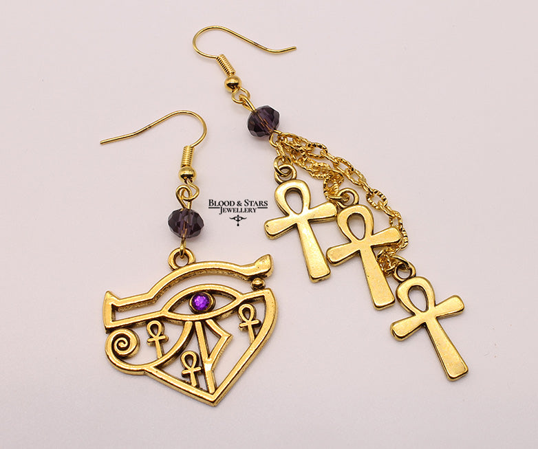 Gold Eye Of Horus Ankh Mismatched Earrings