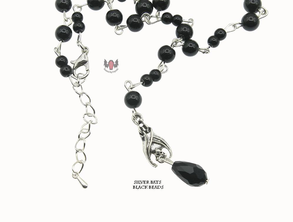 Gothic Vampire Hanging Bat Beaded Rosary Necklace